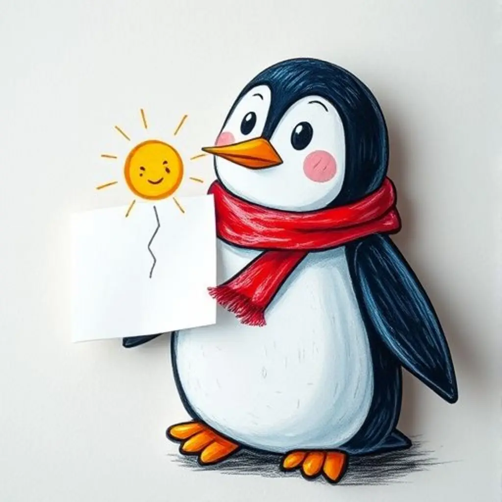 Pinguín, un imán pingüino, escucha la idea de un sol sonriente en una nota.
