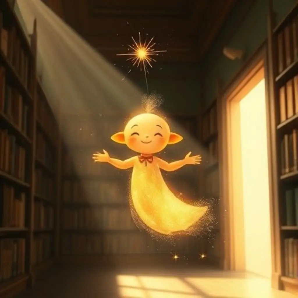 Miro, brillante de gratitud, se dirige hacia la luz del sol en la biblioteca.