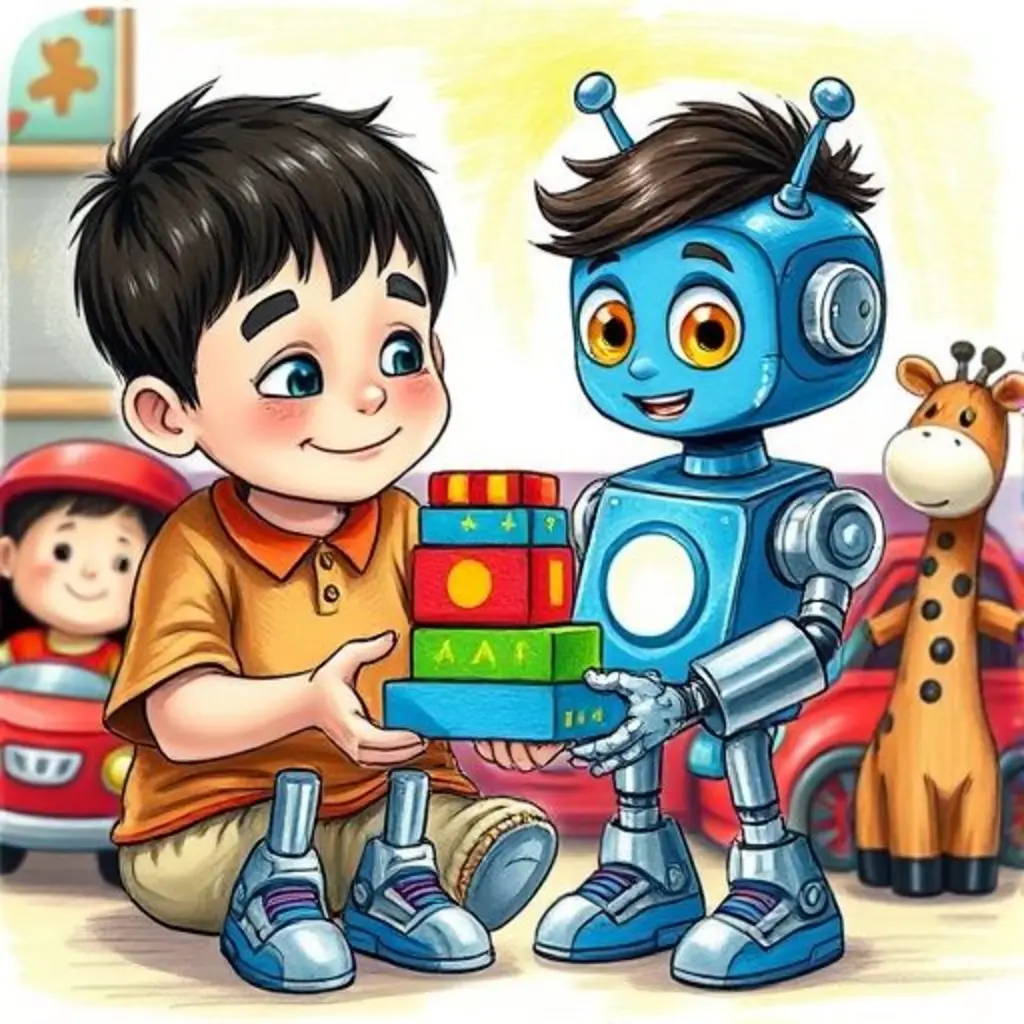 Robotín y Mateo sonríen mientras otros juguetes los miran