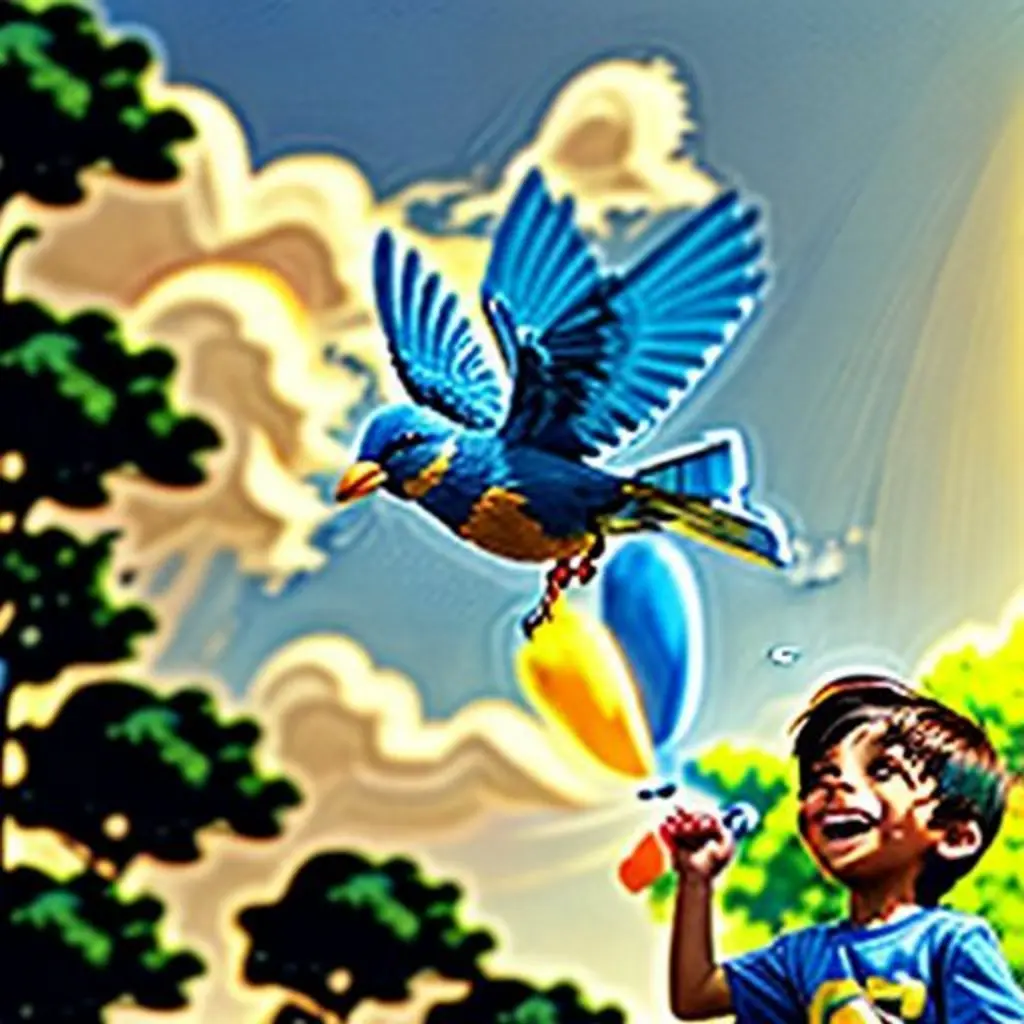 Leo sopla Pio otra vez, y dos pajaritos, uno azul y uno verde, se acercan.