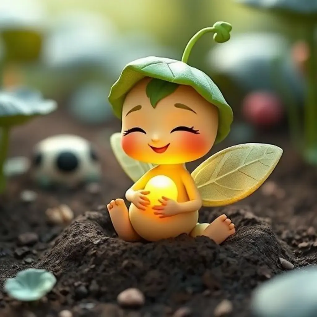 Nalu brilla con confianza mientras Semillita Pip duerme acurrucada, y otras criaturas del huerto disfrutan de su luz suave.