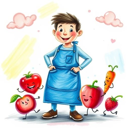 Aventurero dentro del portal, hablando con una manzana, un tomate, zanahorias y fresas animadas.