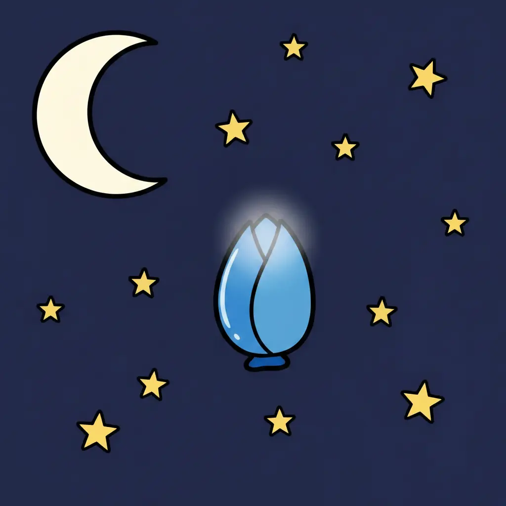 Una flor azul cerrada que brilla suavemente bajo una luna grande.