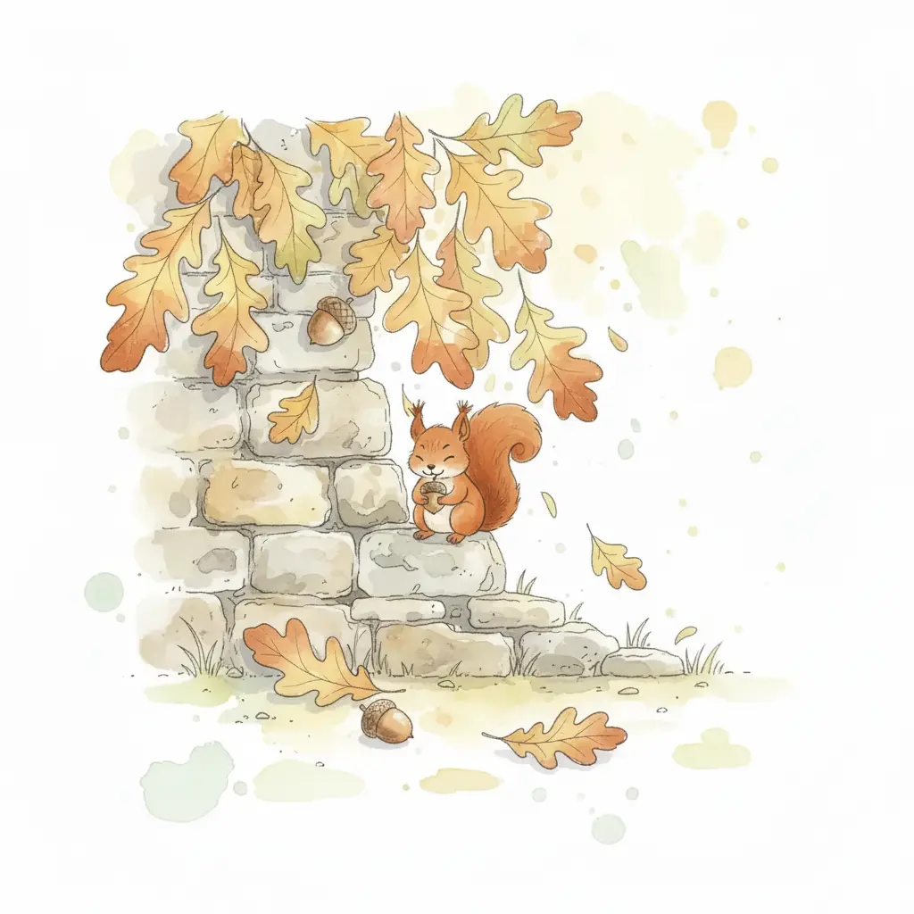 Una ardilla roja completa y feliz sentada en el muro de piedra con su bellota.