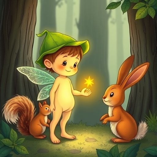 Pico muestra el objeto brillante a una ardilla curiosa y un conejito de orejas largas.