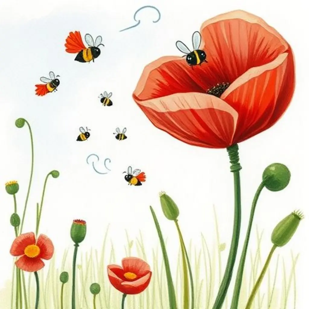 Pipita y las semillas chocan alegremente, produciendo música que guía a las abejas hacia las flores.