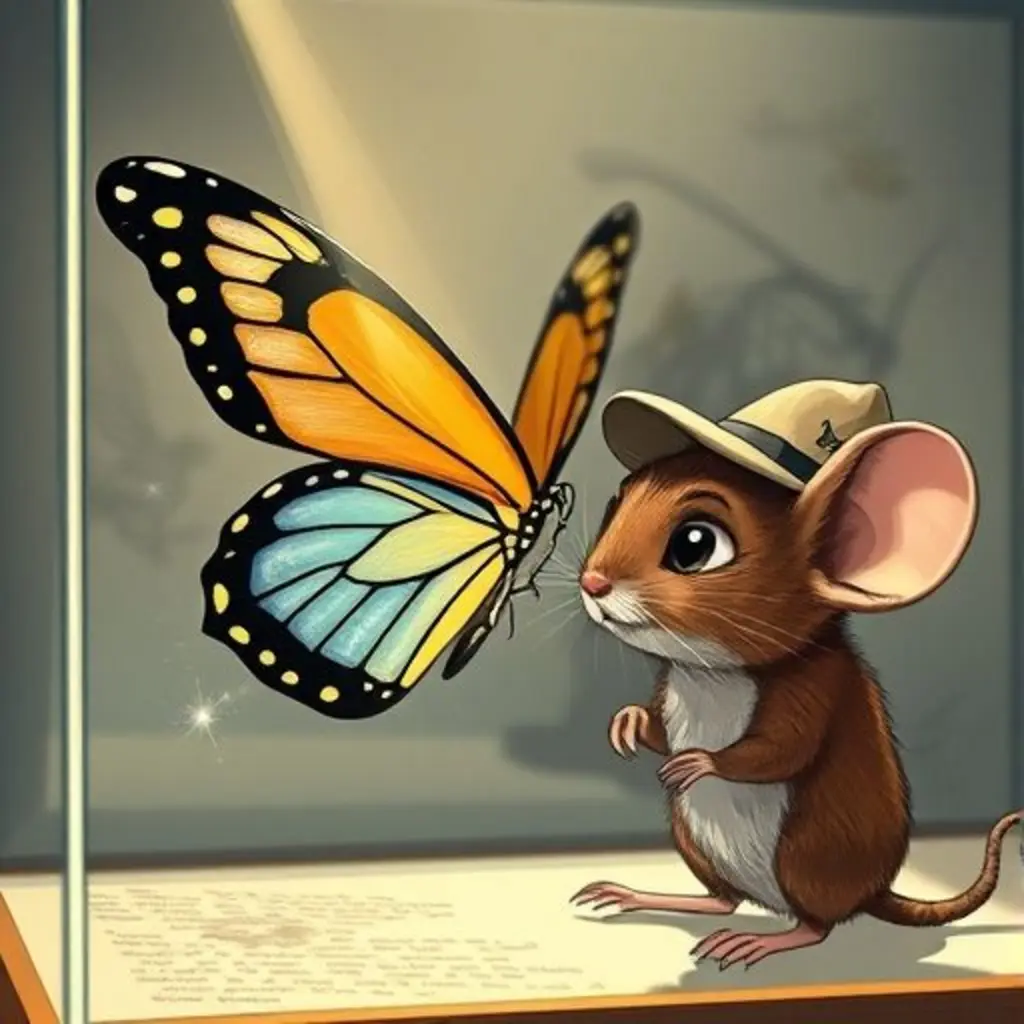 El sol toca las alas de Aleteo, liberando polen mágico que colorea un dibujo.