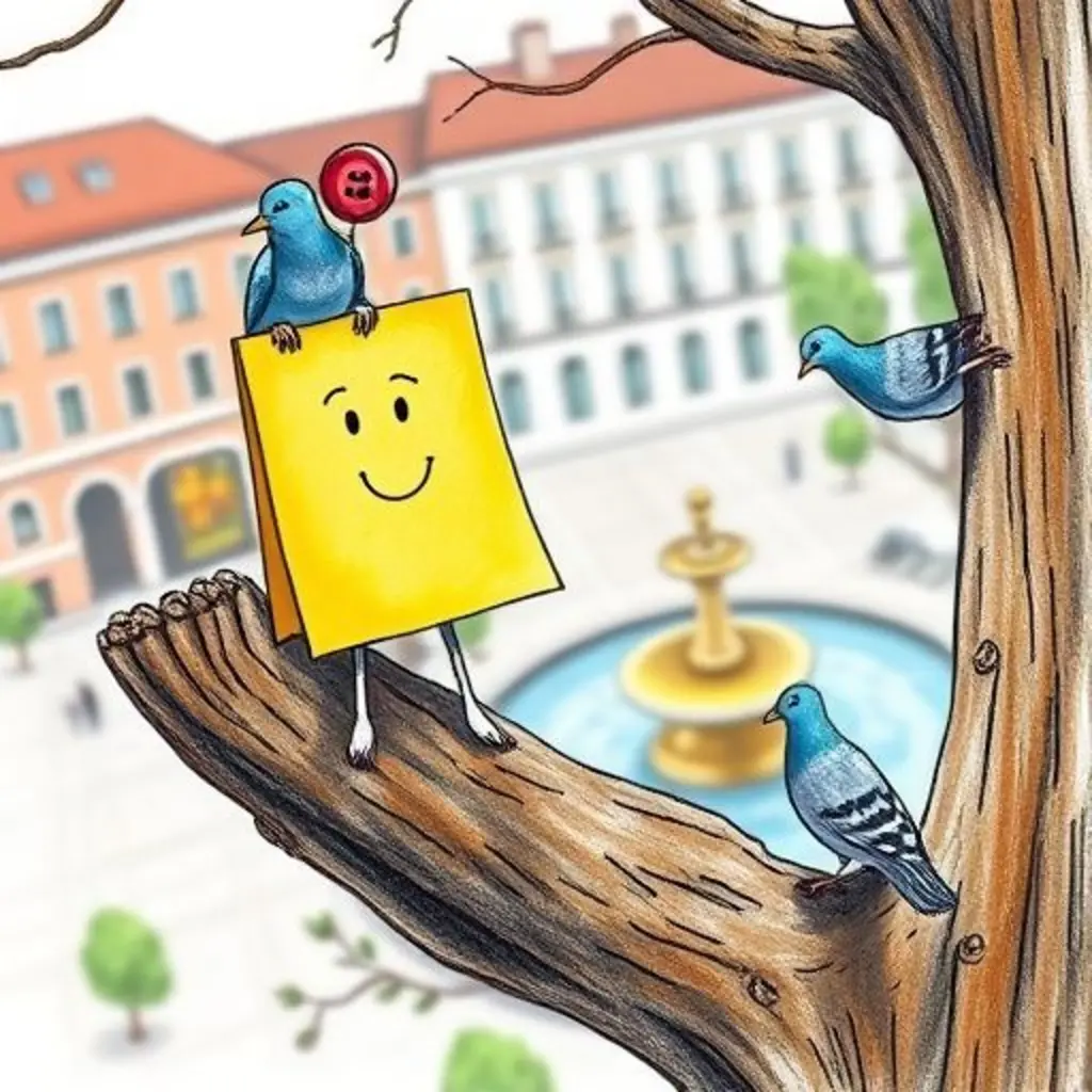 Fami-Nota, felizmente pegada a una rama de árbol, con sus amigas palomas.