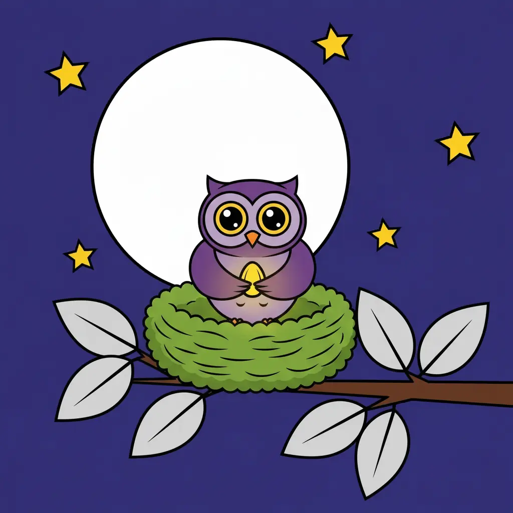 El búho morado en su nido verde abrazando la semilla brillante.