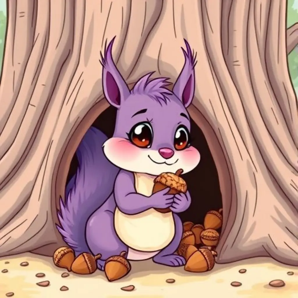 Ardilla Lila confundida porque su almacén de bellotas está demasiado lleno.