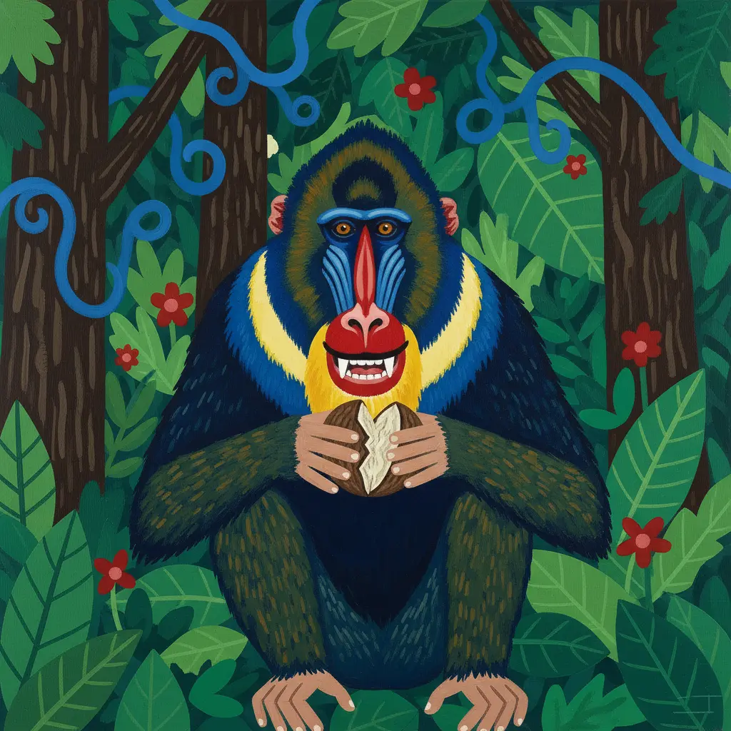 Un mandril usando sus manos para abrir una semilla dura en el suelo del bosque.