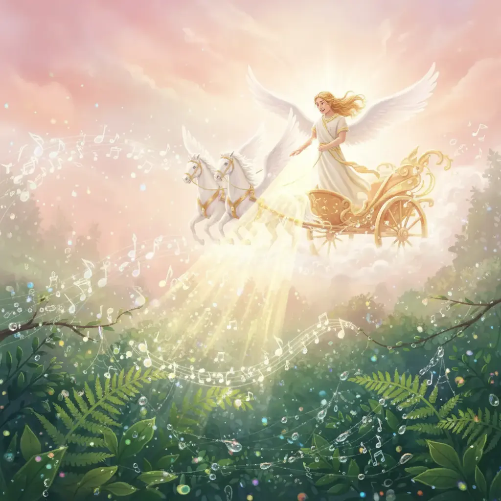 Apolo, asombrado, dirige sus rayos hacia las gotas de rocío, que se iluminan y crean patrones de luz musical.