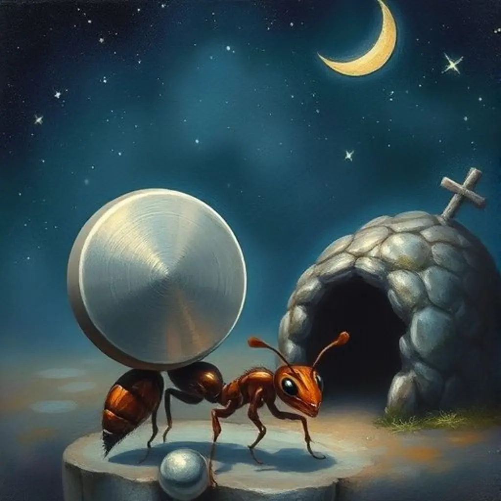 Magneteo y la hormiga llevan la cadena de tesoros al hormiguero bajo la luna.