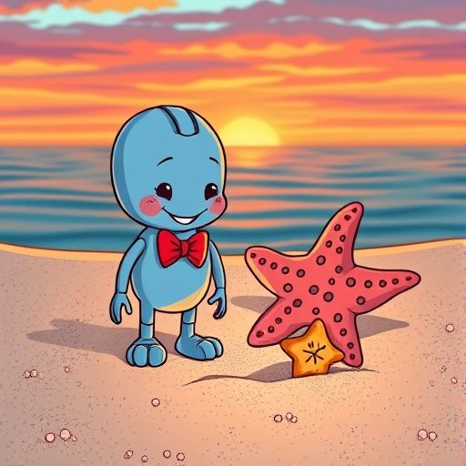 Moli y Estela, la estrella de mar, encuentran la piedra mágica de Moli bajo una duna, ambos sonriendo.