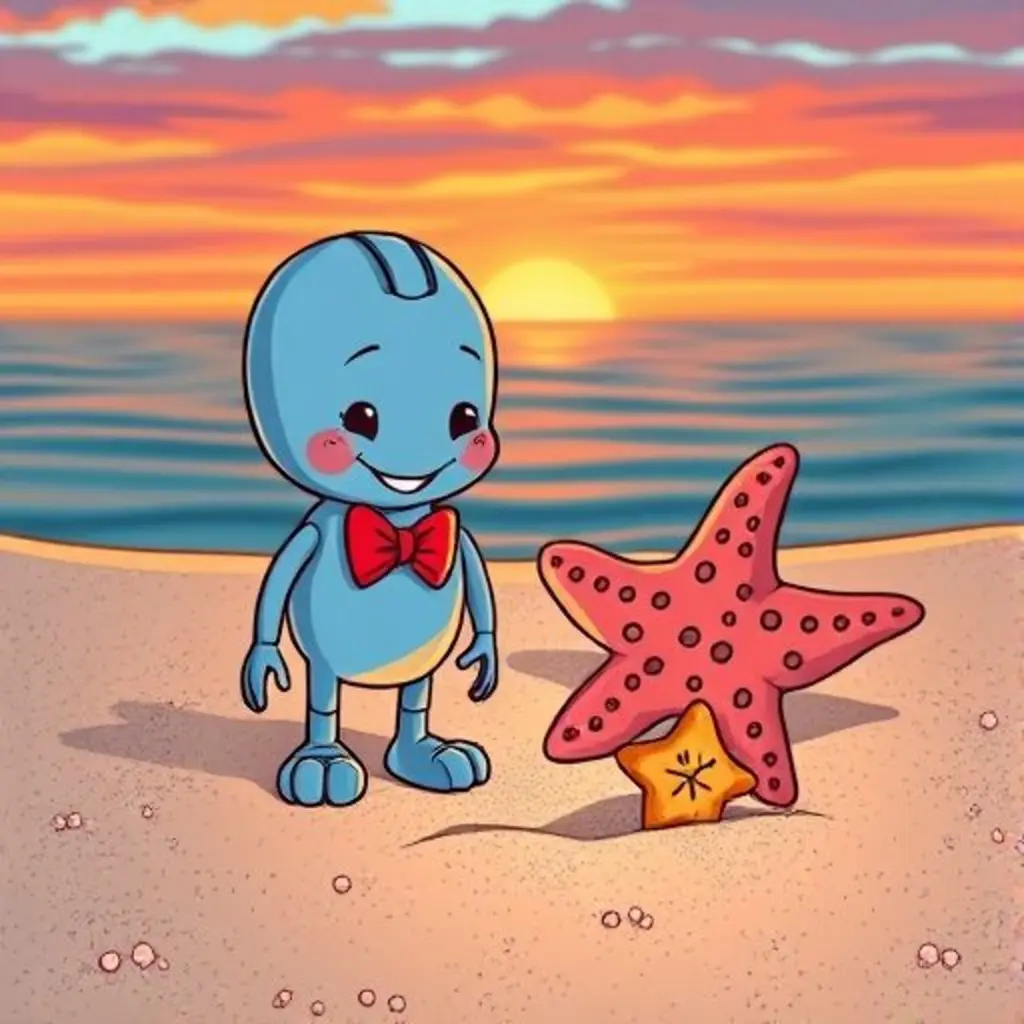 Moli y Estela, la estrella de mar, encuentran la piedra mágica de Moli bajo una duna, ambos sonriendo.