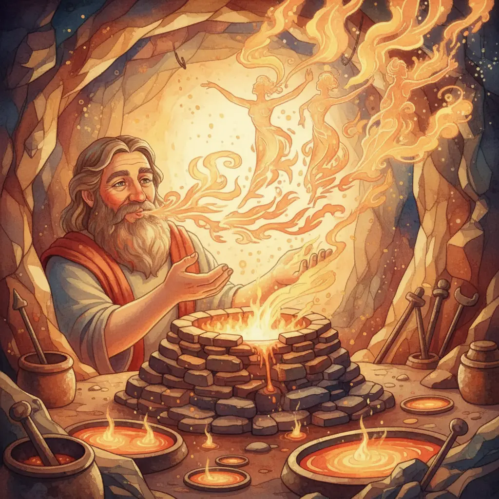 Hefesto sopla suavemente, creando figuras de luz y humo que danzan en el aire.