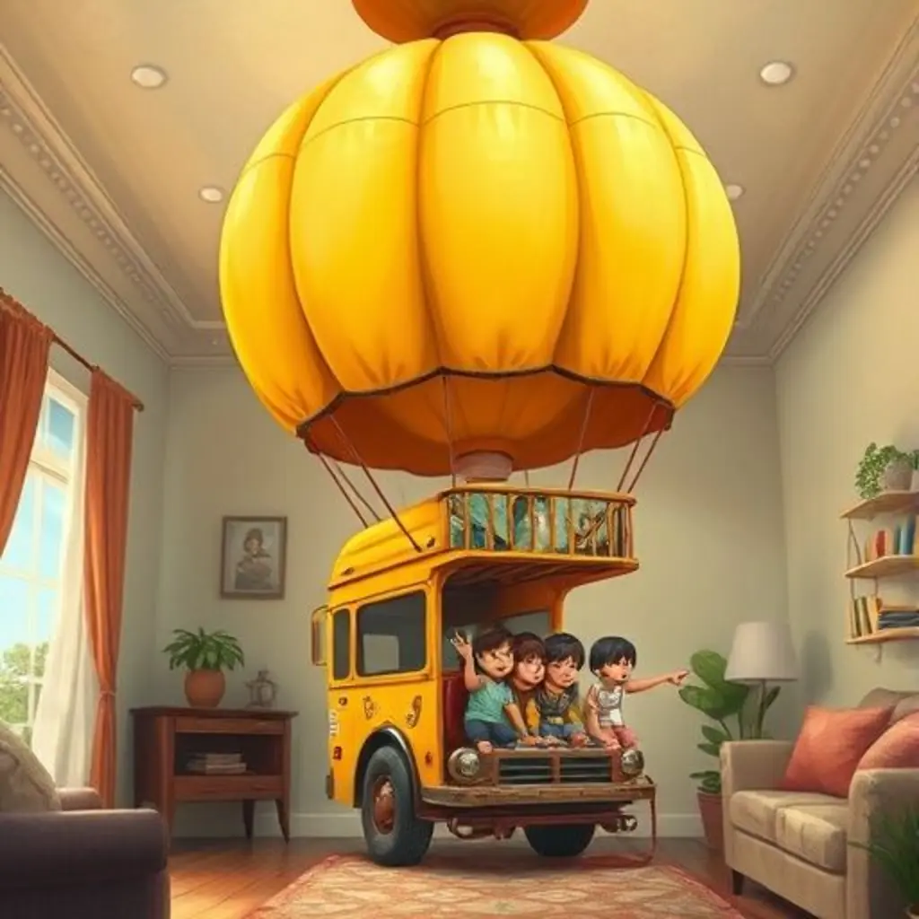 Buscito Alegre, convertido en globo aerostático, vuela con niños en su canastilla.