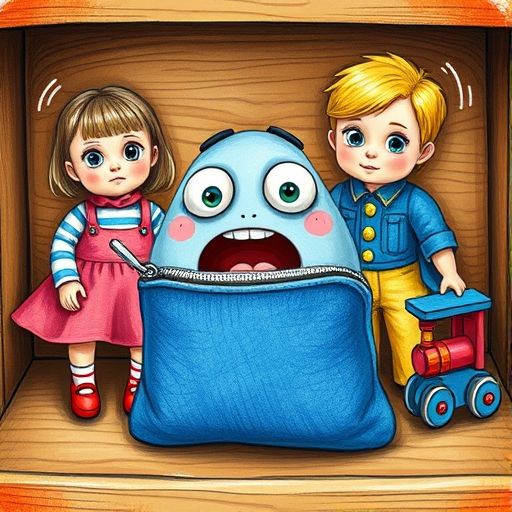 Bolsillo, la muñeca Lili y el tren Tomás en el cajón, escuchando un sonido.
