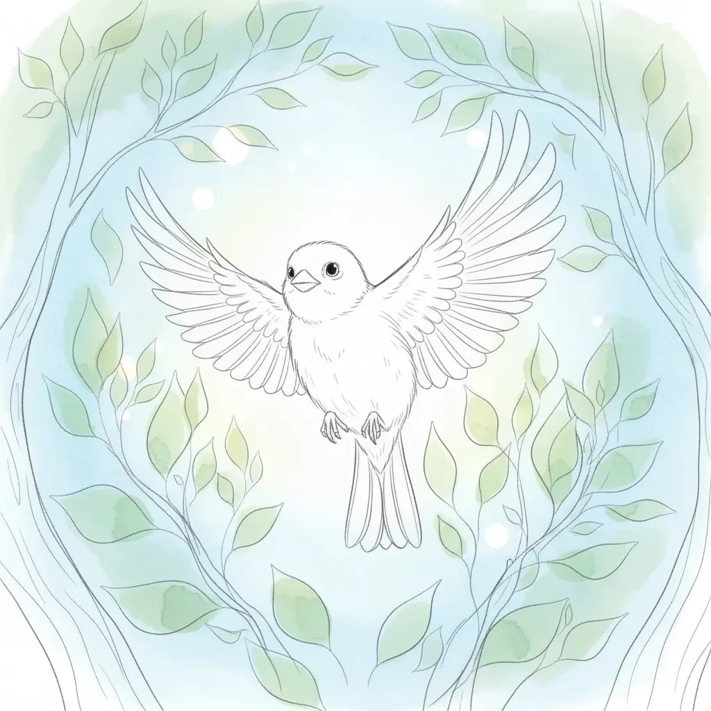 Cantorín vuela con sus alas extendidas entre las ramas de un árbol.