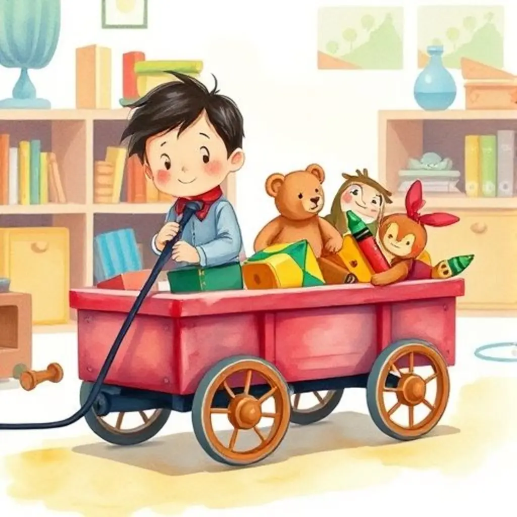 Tren Lito regresa con los juguetes rescatados a su caja.