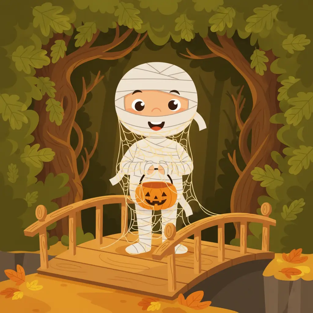 Enredito, cada vez más envuelta en suaves telarañas, intenta avanzar en un puente de madera bajo la luz ámbar de la tarde, riendo de su propia situación.