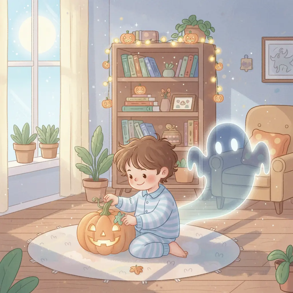 La Sombra Juguetona se desprende suavemente de la sombra de un niño que decora una calabaza en la Víspera de Halloween.