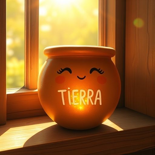 Una maceta de barro sonriente llamada Tierra, disfrutando del sol en una ventana.