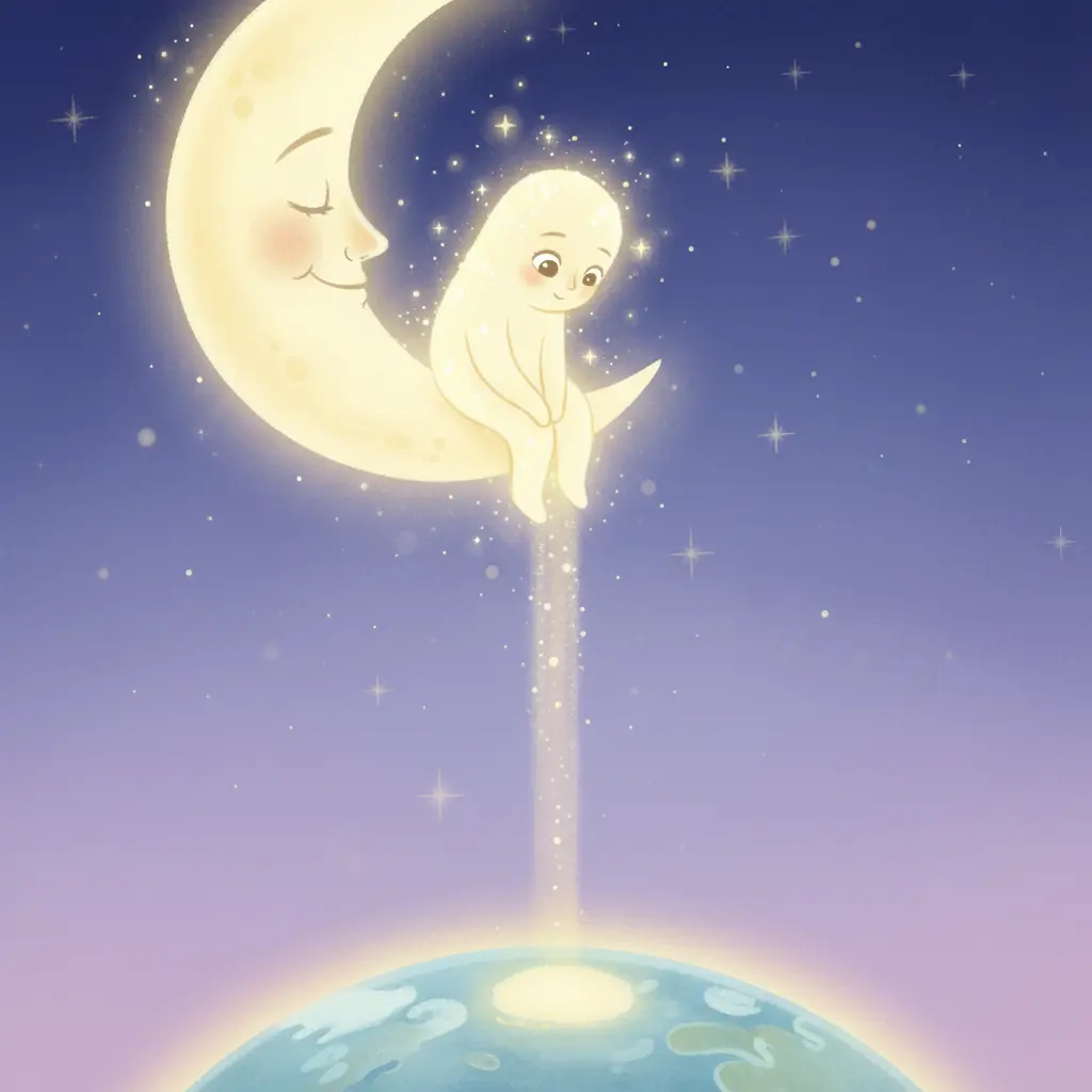 Lunio, un rayo de luna, mira con curiosidad hacia la Tierra desde la Luna.