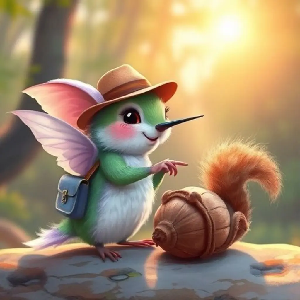 Nara riendo alegremente al ver una ardilla enredada en el bosque al atardecer.