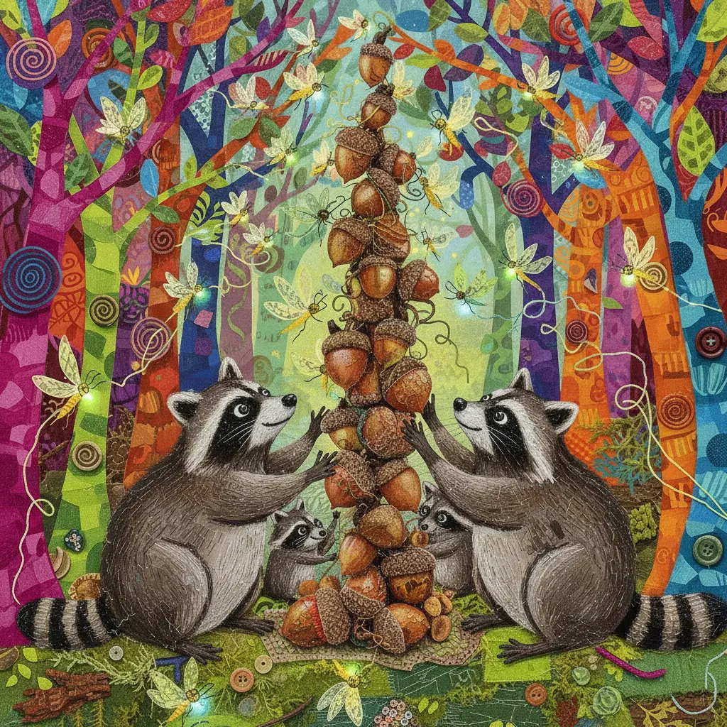 Los mapaches Curiosines empiezan a construir una torre de bellotas muy alta.