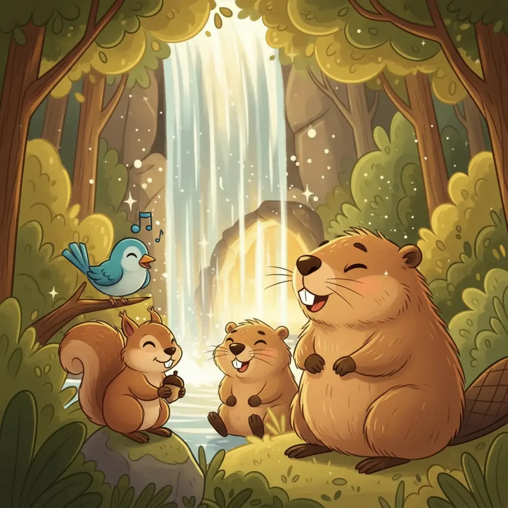 Damián canta felizmente en la cascada para sus amigos animales del bosque.