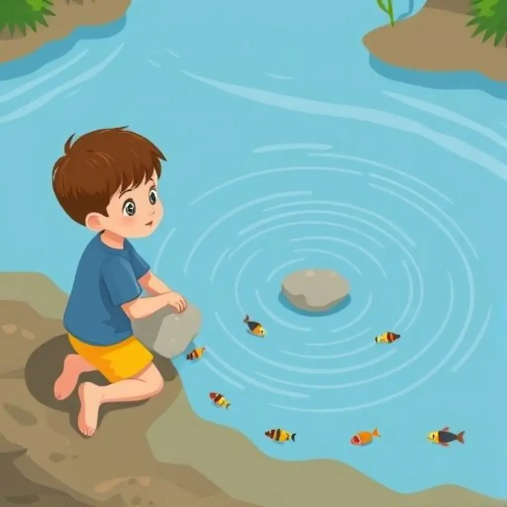 Tejo la piedra cayendo al agua y creando círculos, un niño observando.