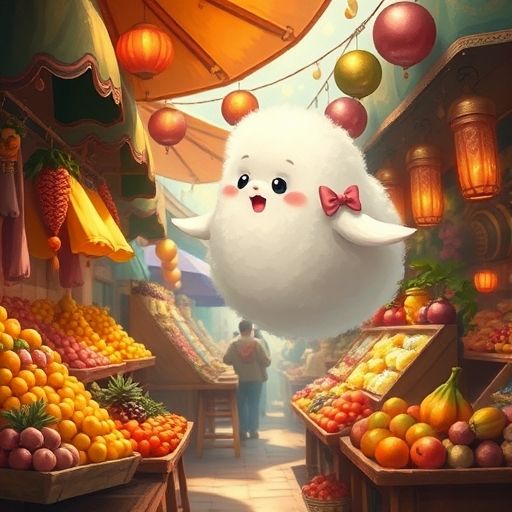 Podom, una pequeña nube con un lazo rosa, flotando y estirándose hacia un puesto del mercado.