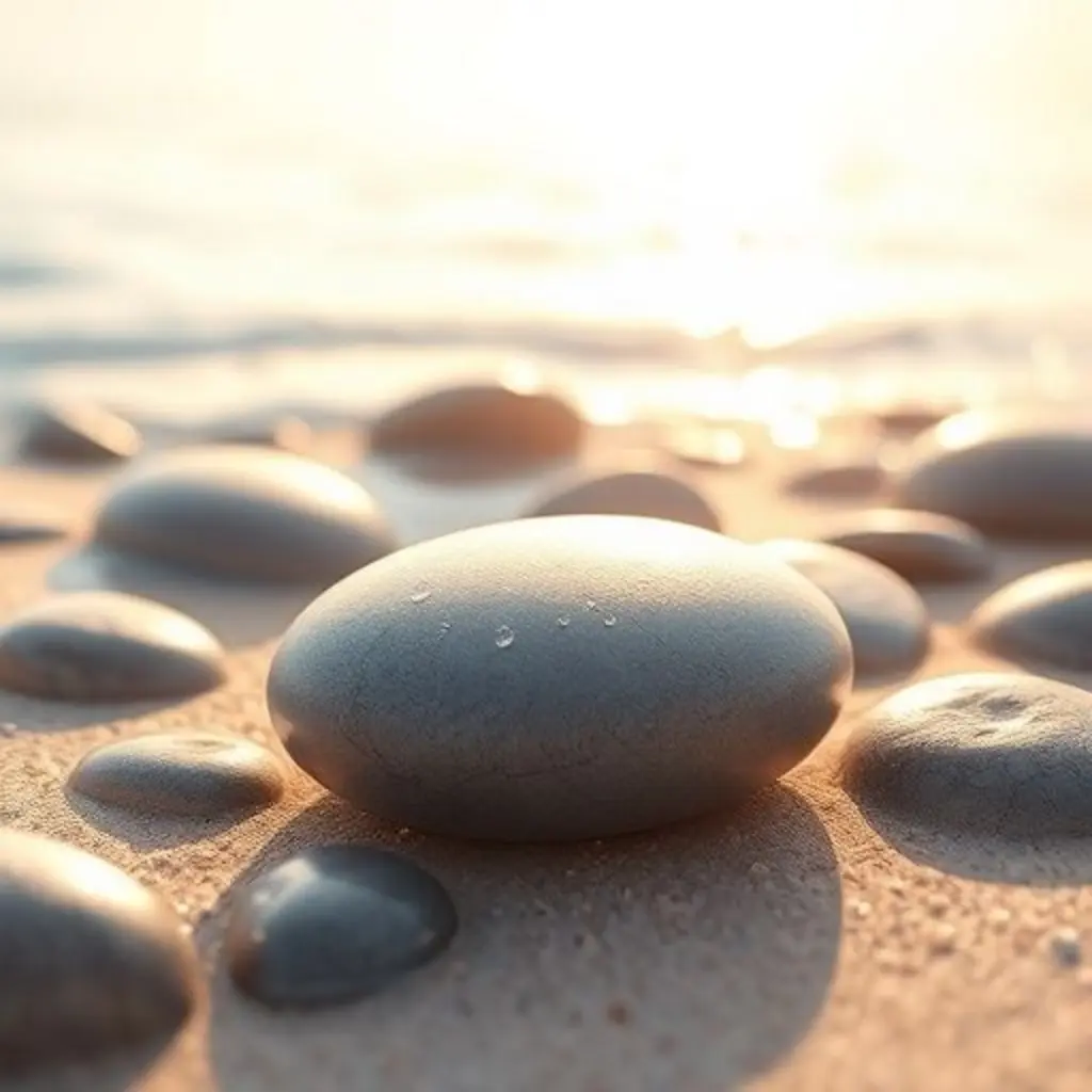 Una piedrita Liso redonda y mojada en la orilla del río.