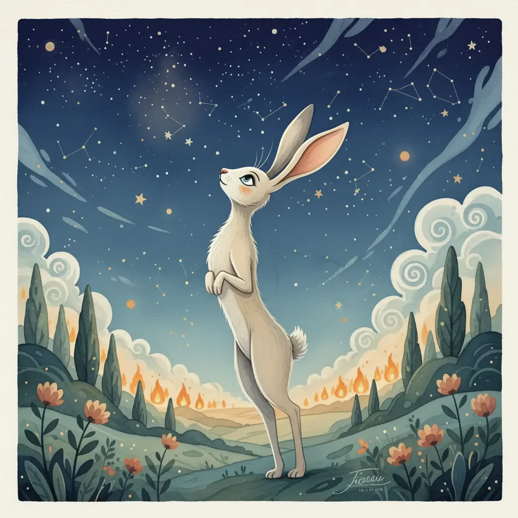 Lucía, la liebre, con sus largas orejas levantadas hacia las estrellas titilantes en una noche mágica.