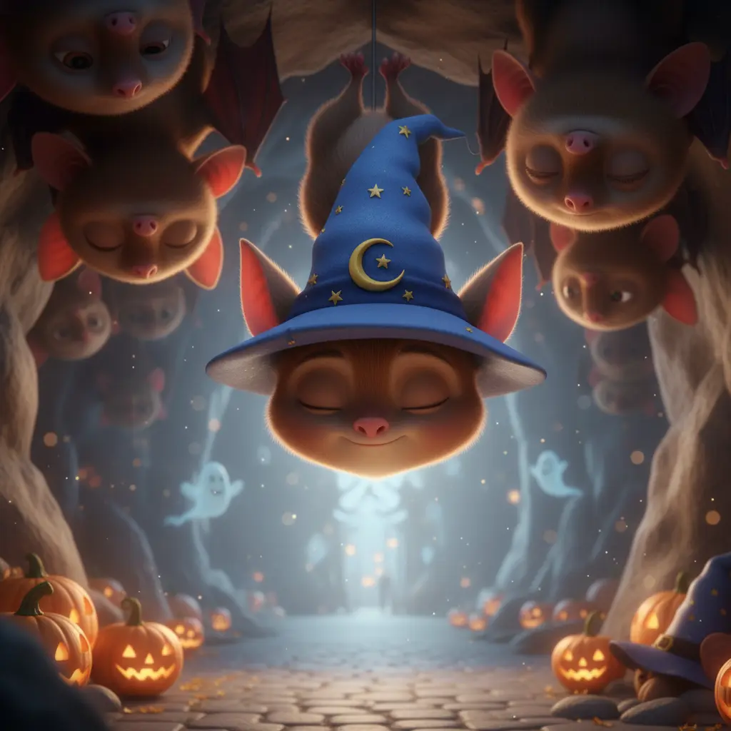 Bartolomé, el murciélago con sombrero de mago, duerme plácidamente colgado en su cueva, rodeado de sus hermanos, mientras la luz de la luna entra suavemente, creando un ambiente cálido y reconfortante.