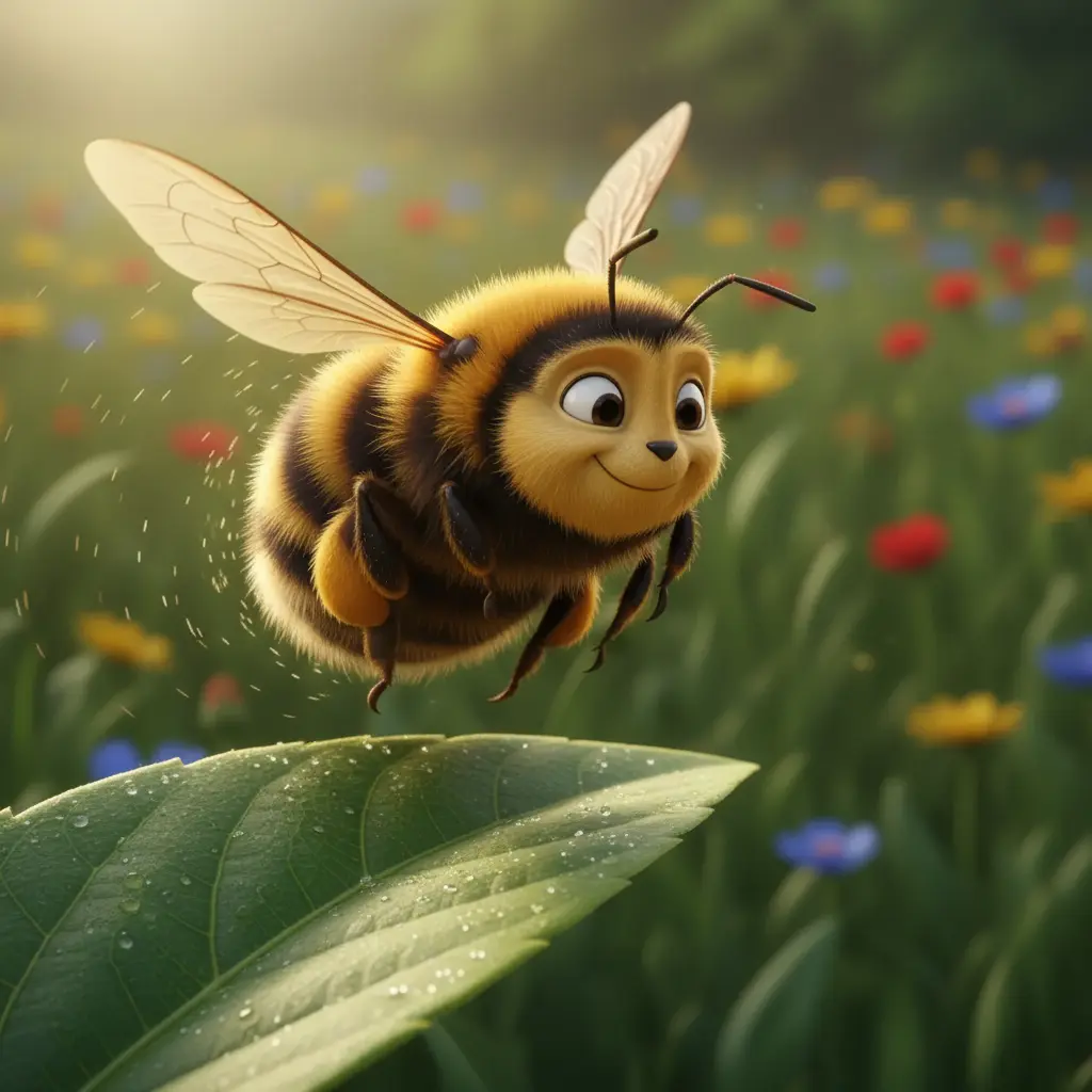 Una abejita Zumbadora de cuerpo peludito y alas transparentes, lista para volar.