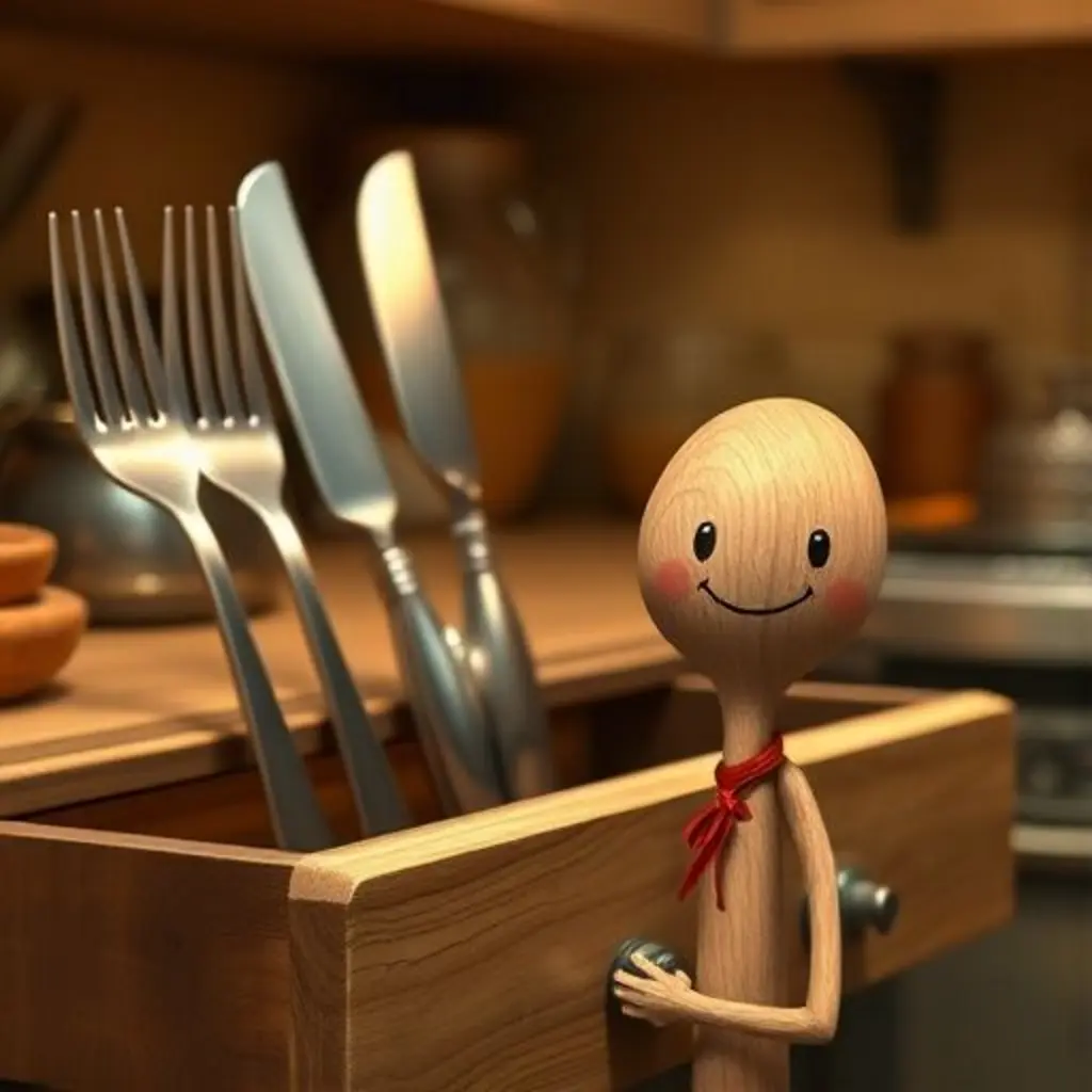 Cuchy, una cuchara de madera, se siente pequeña junto a cubiertos de metal brillantes en un cajón.