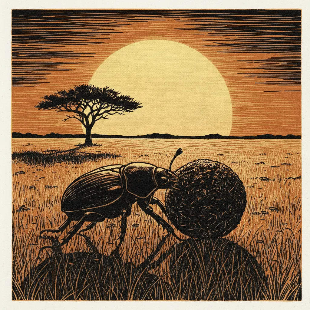 El escarabajo empuja la bola hacia atrás usando sus patas traseras mientras apoya su cabeza en el suelo.