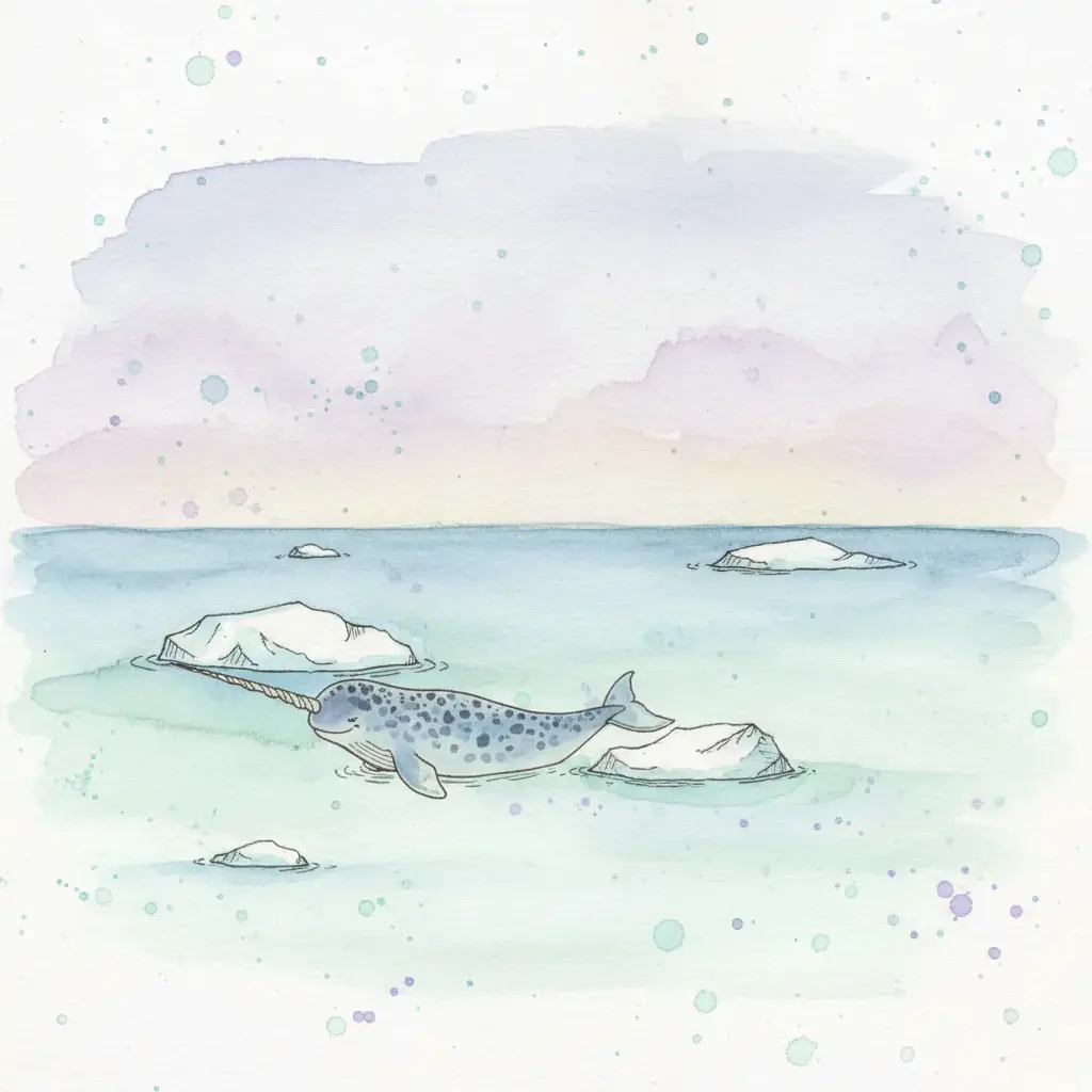 Un narval completo flota tranquilo en el mar ártico bajo un cielo de colores suaves.