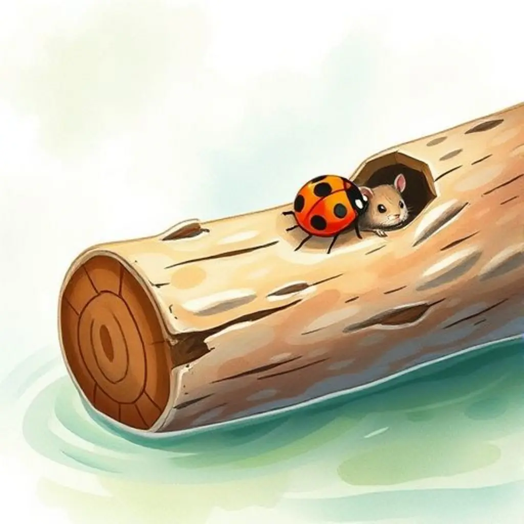 Tronco Viajero lleno de pequeños animales como una araña, una mariquita y un ratón, flotando alegremente.