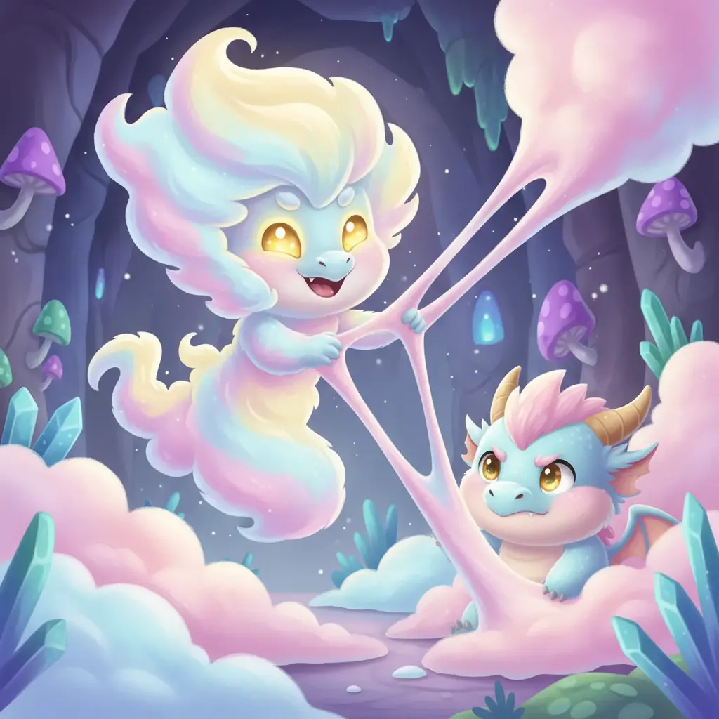 Un espíritu travieso de la niebla, hecho de remolinos de colores pastel, estira una nube de algodón de azúcar gigante. Chispita lo mira con curiosidad, y un poco de enfado.