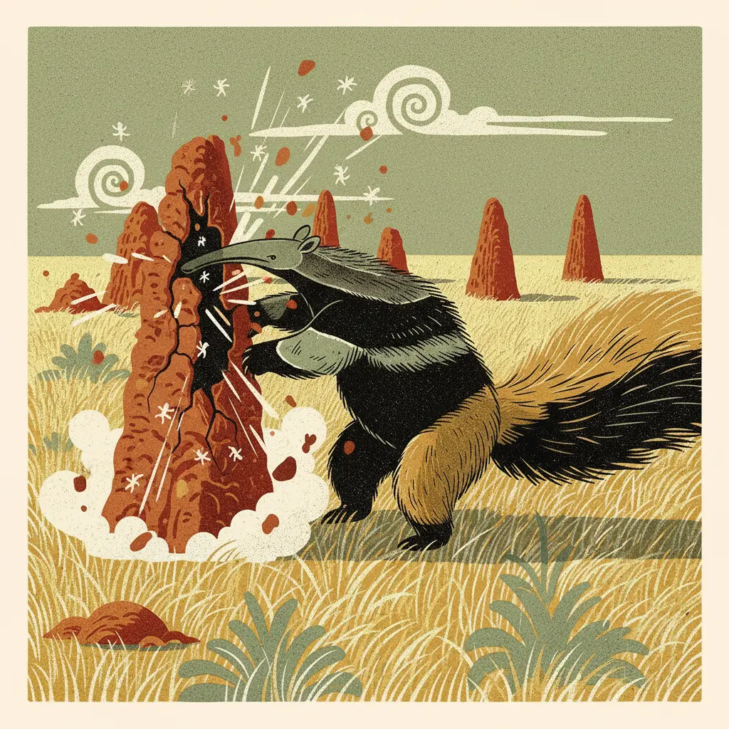 El oso hormiguero rompiendo un nido de termitas con sus garras.