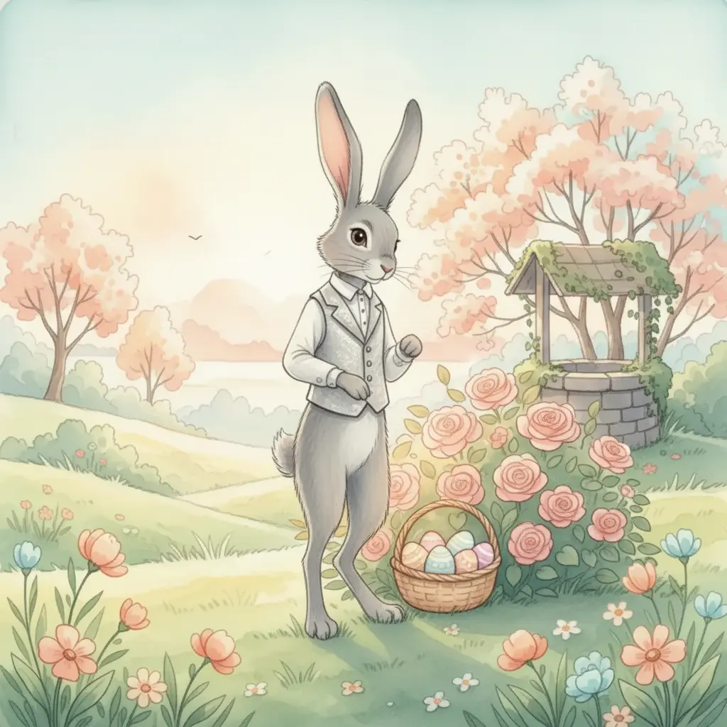 El conejo Benito mira con alegría la cesta de Pascua que ha dejado en el jardín.