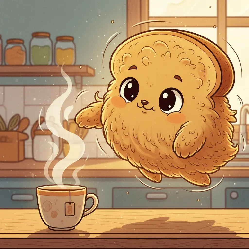 Tostín se acerca con curiosidad a una taza de té humeante en la encimera de la cocina.