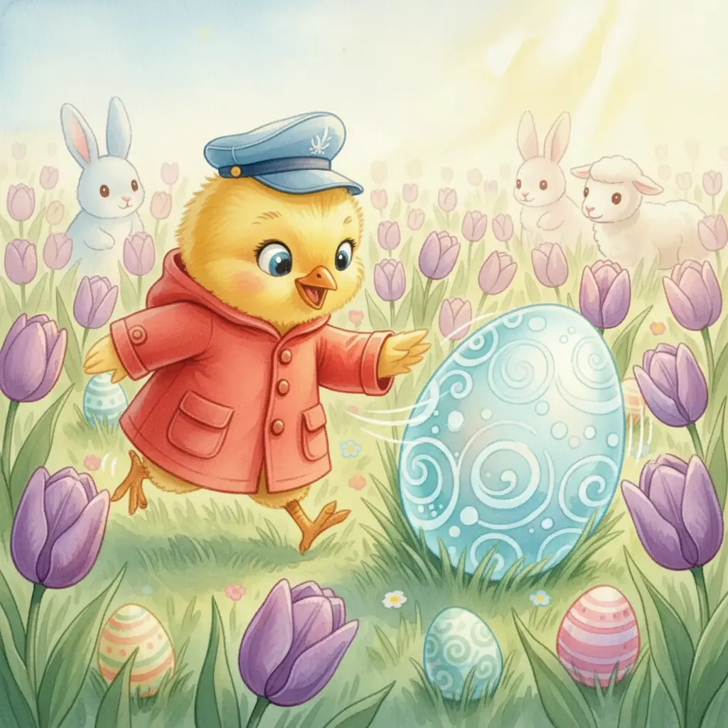 El pollito persigue el huevo azul que rueda por una colina de hierba verde.