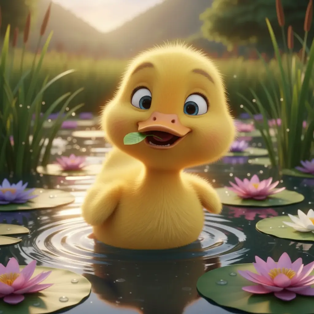 El patito Pata-Pata sostiene suavemente una pequeña hoja con su piquito.