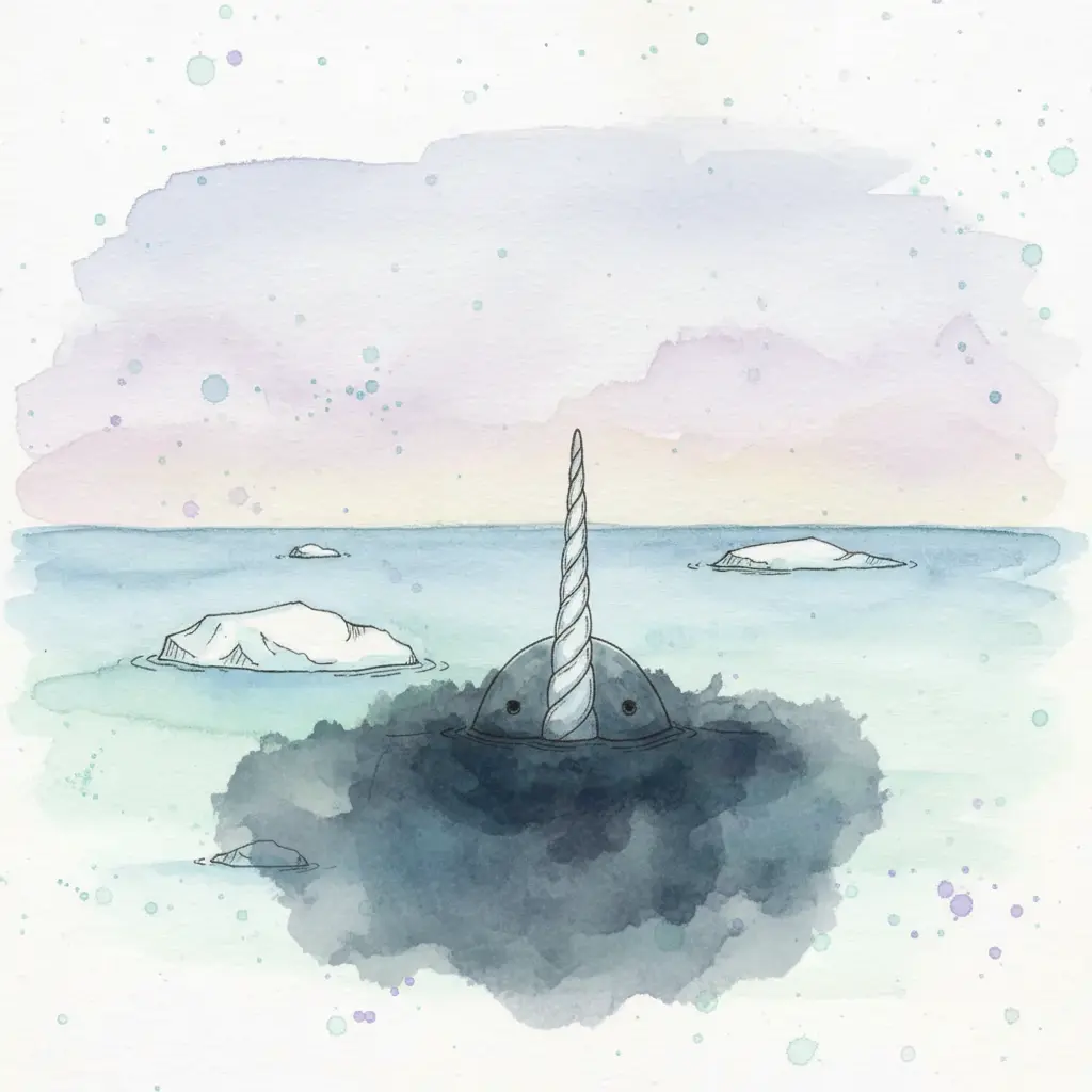 Un cuerno largo y enroscado sale del agua azul entre pequeños hielos flotantes.