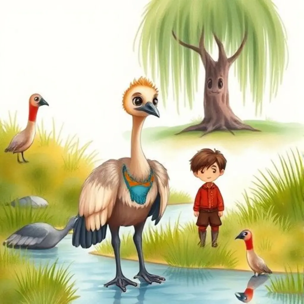 Patilargo, el ñandú, intenta ver sobre la hierba para ayudar a un gauchito triste.