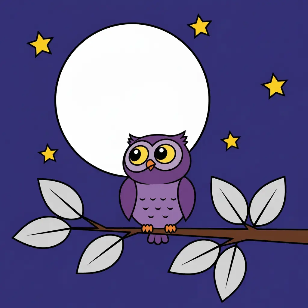 Un búho pequeño y morado mira una luna blanca gigante desde un árbol plateado.